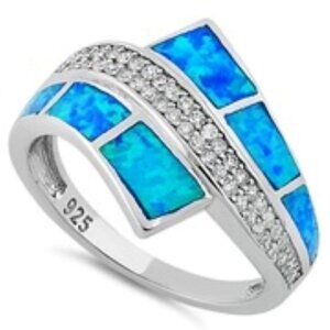 Sterling Silver Blue Inlay Opal & CZ Overlapping Ring - NWOT (New With Out Tag)